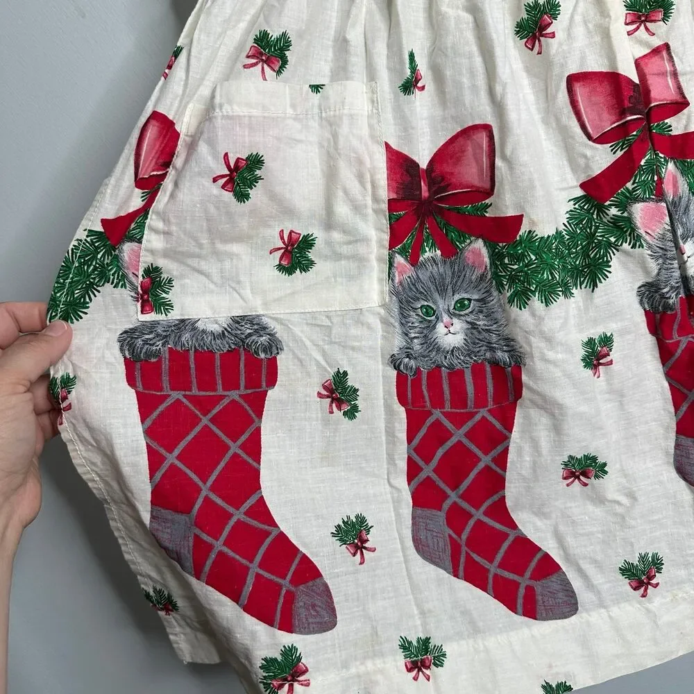 Vintage Holiday Christmas Skirt Apron Gray Kittens in Stockings Cotton